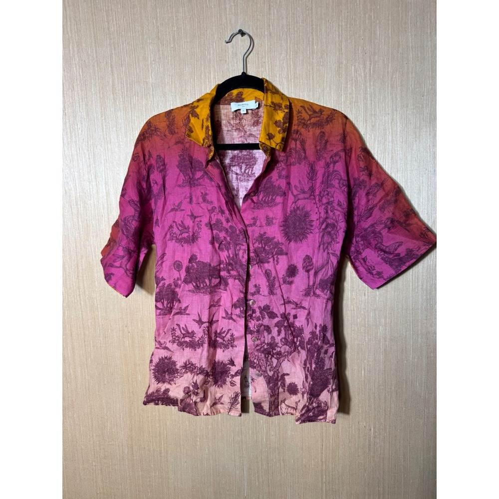 Mirto 1956 Pink Yellow Ombre Toile Linen Short Sleeve Button Down Shirt 36